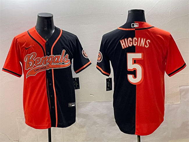 Men's Cincinnati Bengals #5 Tee Higgins Orange Black Split With Patch Cool Base Stitched Baseball Jersey Men's Cincinnati Bengals #5 Tee Higgins Orange Black Split With Patch Cool Base Stitched Baseball Jersey