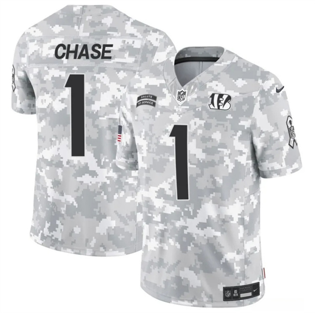 Men's Cincinnati Bengals #1 Ja'Marr Chase 2024 F.U.S.E Arctic Camo Salute To Service Limited Stitched Football Jersey Men's Cincinnati Bengals #1 Ja'Marr Chase 2024 F.U.S.E Arctic Camo Salute To Service Limited Stitched Football Jersey