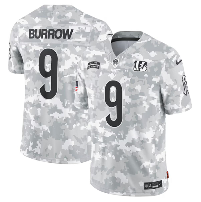 Men's Cincinnati Bengals #9 Joe Burrow 2024 Arctic Camo Salute To Service Limited Stitched Football Jersey Men's Cincinnati Bengals #9 Joe Burrow 2024 Arctic Camo Salute To Service Limited Stitched Football Jersey