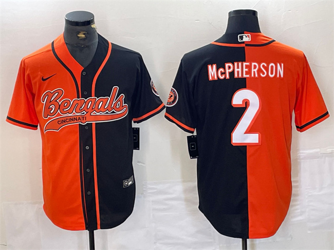 Men's Cincinnati Bengals #2 Evan McPherson Black Orange Split With Patch Cool Base Stitched Baseball Jersey Men's Cincinnati Bengals #2 Evan McPherson Black Orange Split With Patch Cool Base Stitched Baseball Jersey