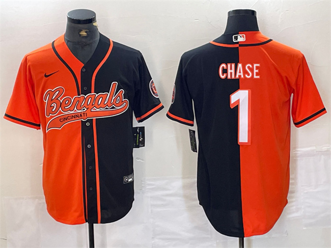 Men's Cincinnati Bengals #1 Ja'Marr Chase Black Orange Split With Patch Cool Base Stitched Baseball Jersey Men's Cincinnati Bengals #1 Ja'Marr Chase Black Orange Split With Patch Cool Base Stitched Baseball Jersey