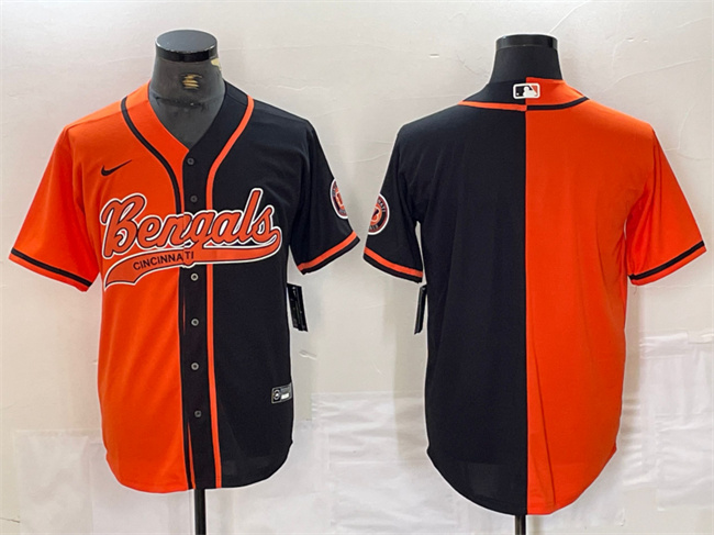Men's Cincinnati Bengals Blank Black Orange Split With Patch Cool Base Stitched Baseball Jersey Men's Cincinnati Bengals Blank Black Orange Split With Patch Cool Base Stitched Baseball Jersey