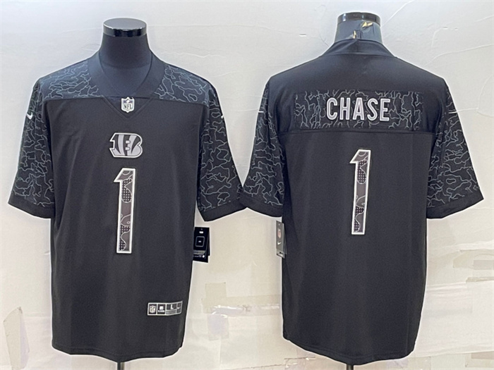 Men's Cincinnati Bengals #1 Ja'Marr Chase Black Reflective Limited Stitched Football Jersey Men's Cincinnati Bengals #1 Ja'Marr Chase Black Reflective Limited Stitched Football Jersey