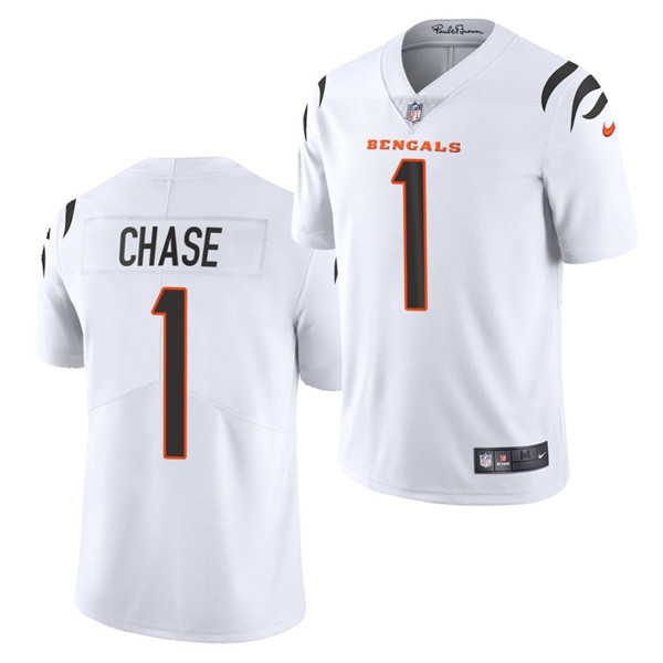 Men Cincinnati Bengals #1 Ja'Marr Chase White Vapor Untouchable Limited Stitched Jersey Men Cincinnati Bengals #1 Ja'Marr Chase White Vapor Untouchable Limited Stitched Jersey