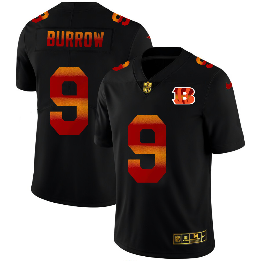 Cincinnati Bengals #9 Joe Burrow Men's Black Nike Red Orange Stripe Vapor Limited NFL Jersey Cincinnati Bengals #9 Joe Burrow Men's Black Nike Red Orange Stripe Vapor Limited NFL Jersey