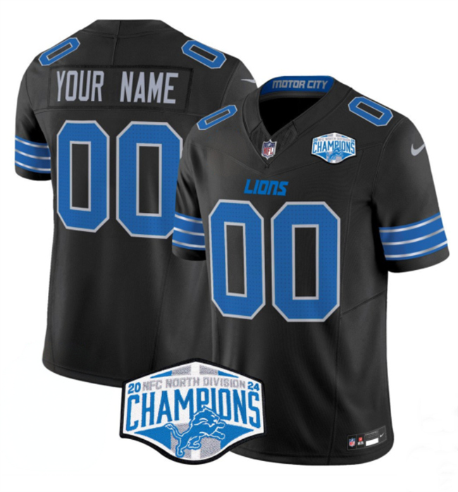 Men's Detroit Lions Active Player Custom Black 2024 NFC North Champions F.U.S.E. Vapor Limited Stitched Jersey Men's Detroit Lions Active Player Custom Black 2024 NFC North Champions F.U.S.E. Vapor Limited Stitched Jersey