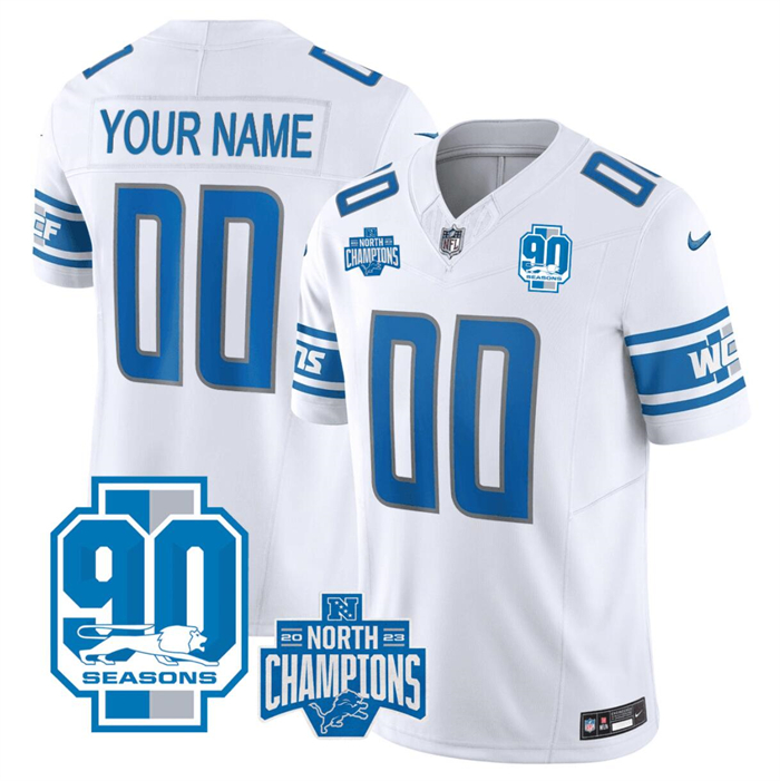 Men's Detroit Lions Active Player Custom White 2023 F.U.S.E. 90th Anniversary NFC North Division Champions Vapor Limited Stitched Football Jersey Men's Detroit Lions Active Player Custom White 2023 F.U.S.E. 90th Anniversary NFC North Division Champions Vapor Limited Stitched Football Jersey