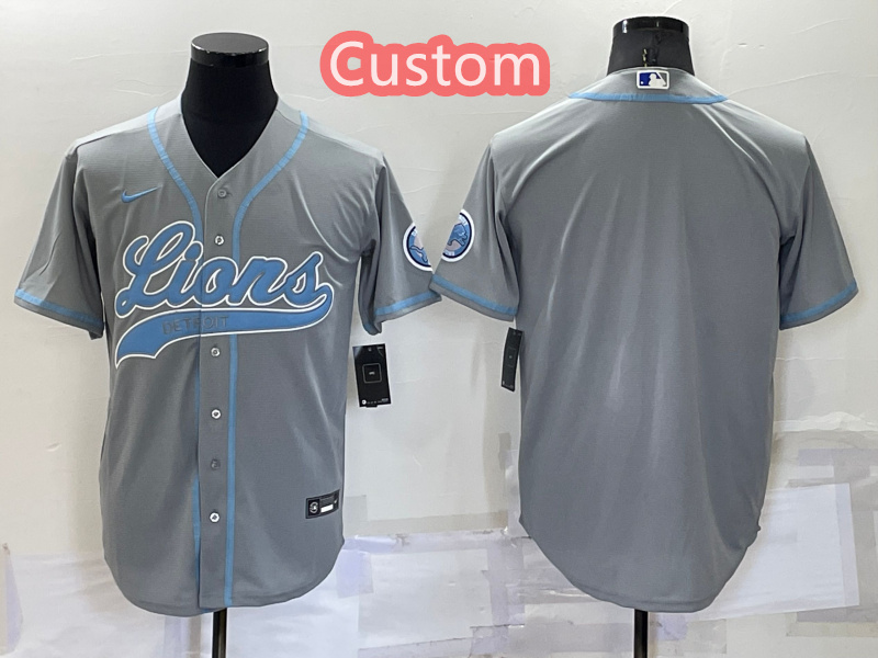 Custom Men's Detroit Lions Gray Cool Base Stitched Baseball Jersey Custom Men's Detroit Lions Gray Cool Base Stitched Baseball Jersey