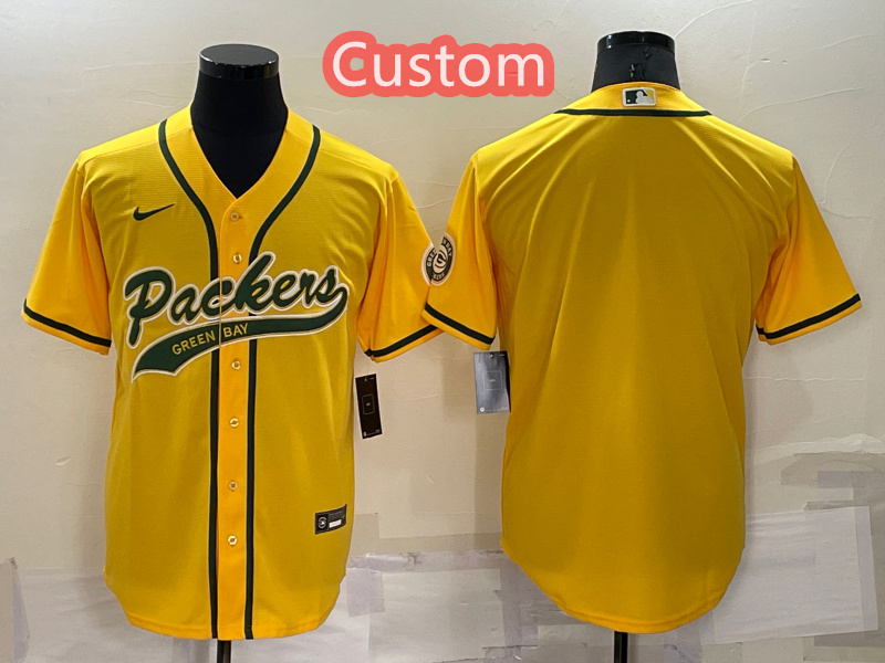 Custom Men's Green Bay Packers Yellow Cool Base Stitched Baseball Jersey Custom Men's Green Bay Packers Yellow Cool Base Stitched Baseball Jersey