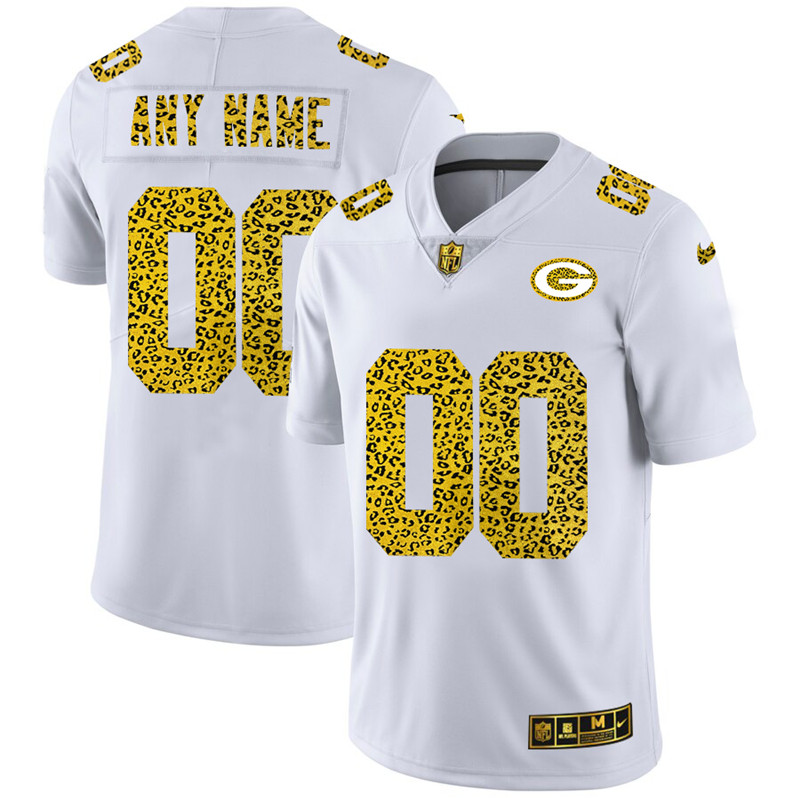 Green Bay Packers Custom Men's Nike Flocked Leopard Print Vapor Limited NFL Jersey White Green Bay Packers Custom Men's Nike Flocked Leopard Print Vapor Limited NFL Jersey White