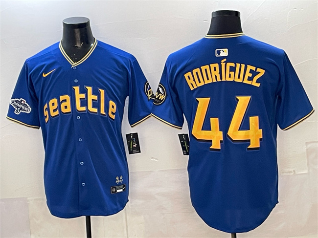 Men's Seattle Mariners #44 Julio Rodríguez Royal With 2025 AL West Division Champions Patch City Connect Limited Stitched Baseball Jersey Men's Seattle Mariners #44 Julio Rodríguez Royal With 2025 AL West Division Champions Patch City Connect Limited Stitched Baseball Jersey