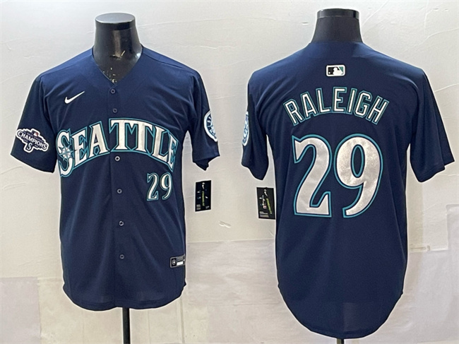 Men's Seattle Mariners #29 Cal Raleigh Navy With 2025 AL West Division Champions Patch Limited Stitched jersey Men's Seattle Mariners #29 Cal Raleigh Navy With 2025 AL West Division Champions Patch Limited Stitched jersey