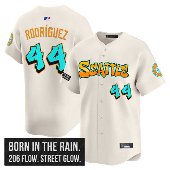Men's Seattle Mariners #44 Julio Rodríguez Cream 2025 'Graffiti Emerald Drop Edition' Vapor Premier Limited Stitched Jersey Men's Seattle Mariners #44 Julio Rodríguez Cream 2025 'Graffiti Emerald Drop Edition' Vapor Premier Limited Stitched Jersey