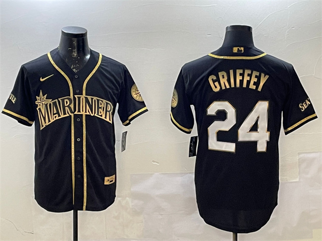 Men's Seattle Mariners #24 Ken Griffey Jr. Black Gold Cool Base Stitched Baseball Jersey Men's Seattle Mariners #24 Ken Griffey Jr. Black Gold Cool Base Stitched Baseball Jersey