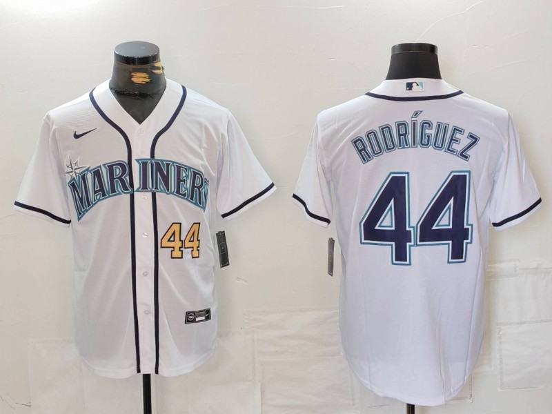 Men's Seattle Mariners #44 Julio Rodriguez White Cool Base Stitched Jersey 2 Men's Seattle Mariners #44 Julio Rodriguez White Cool Base Stitched Jersey 2