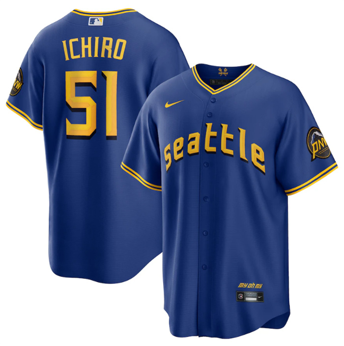 Men's Seattle Mariners #51 Ichiro Suzuki Royal 2023 City Connect Cool Base Stitched Baseball Jersey Men's Seattle Mariners #51 Ichiro Suzuki Royal 2023 City Connect Cool Base Stitched Baseball Jersey