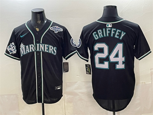 Men's Seattle Mariners #24 Ken Griffey Jr. 50th Anniversary Black Out Style Vapor Premier Limited Stitched Baseball Jersey Men's Seattle Mariners #24 Ken Griffey Jr. 50th Anniversary Black Out Style Vapor Premier Limited Stitched Baseball Jersey