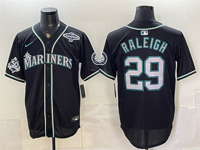 Men's Seattle Mariners #29 Cal Raleigh 50th Anniversary Black Out Style Vapor Premier Limited Stitched Baseball Jersey Men's Seattle Mariners #29 Cal Raleigh 50th Anniversary Black Out Style Vapor Premier Limited Stitched Baseball Jersey