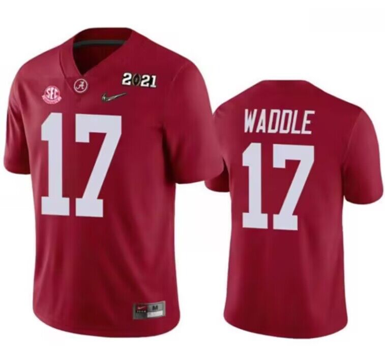 Men's Alabama Crimson Tide #17 Jaylen Waddle Red 2021 Patch Stitched Football Jersey Men's Alabama Crimson Tide #17 Jaylen Waddle Red 2021 Patch Stitched Football Jersey