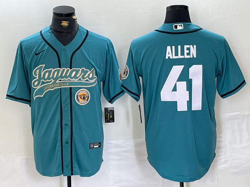 Men's Jacksonville Jaguars #41 Josh Allen Teal With Patch Cool Base Stitched Baseball Jersey 1 Men's Jacksonville Jaguars #41 Josh Allen Teal With Patch Cool Base Stitched Baseball Jersey 1