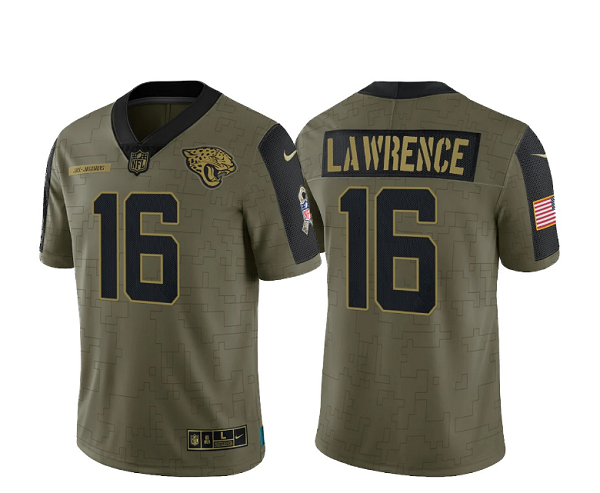 Men's Jacksonville Jaguars #16 Trevor Lawrence 2021 Olive Salute To Service Limited Stitched Jersey Men's Jacksonville Jaguars #16 Trevor Lawrence 2021 Olive Salute To Service Limited Stitched Jersey