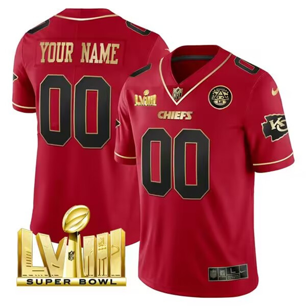 Men's Kansas City Chiefs Active Player Custom Red With Gold Super Bowl LVIII Patch Vapor Untouchable Limited Stitched Football Jersey Men's Kansas City Chiefs Active Player Custom Red With Gold Super Bowl LVIII Patch Vapor Untouchable Limited Stitched Football Jersey