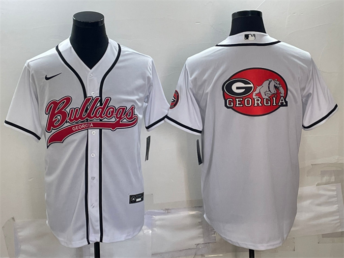 Men's Georgia Bulldogs White Team Big Logo With Patch Cool Base Stitched Baseball JerseyS Men's Georgia Bulldogs White Team Big Logo With Patch Cool Base Stitched Baseball JerseyS