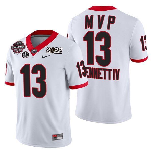 Men’s Georgia Bulldogs #13 Stetson Bennett 2021 22 CFP National Champions MVP White College Football Stitched Jersey Men’s Georgia Bulldogs #13 Stetson Bennett 2021 22 CFP National Champions MVP White College Football Stitched Jersey