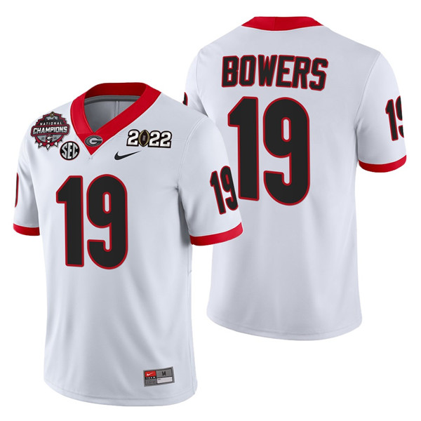 Men’s Georgia Bulldogs #19 Brock Bowers 2021 22 CFP National Champions White College Football Stitched Jersey Men’s Georgia Bulldogs #19 Brock Bowers 2021 22 CFP National Champions White College Football Stitched Jersey