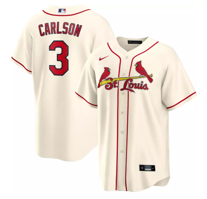Men's St. Louis Cardinals #3 Dylan Carlson Cream Cool Base Stitched Jersey Men's St. Louis Cardinals #3 Dylan Carlson Cream Cool Base Stitched Jersey