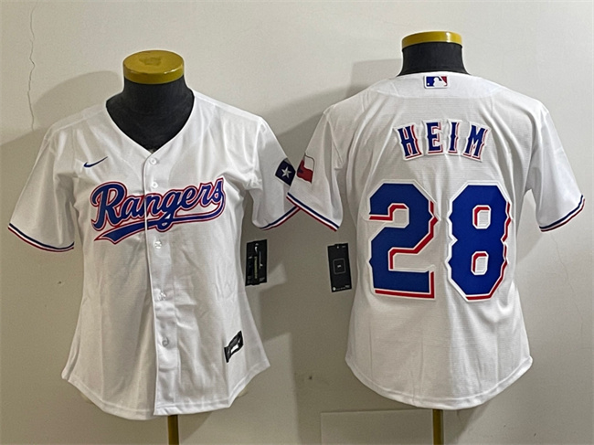 Women's Texas Rangers #28 Jonah Heim White With Patch Stitched Baseball Jersey(Run Small) Women's Texas Rangers #28 Jonah Heim White With Patch Stitched Baseball Jersey(Run Small)