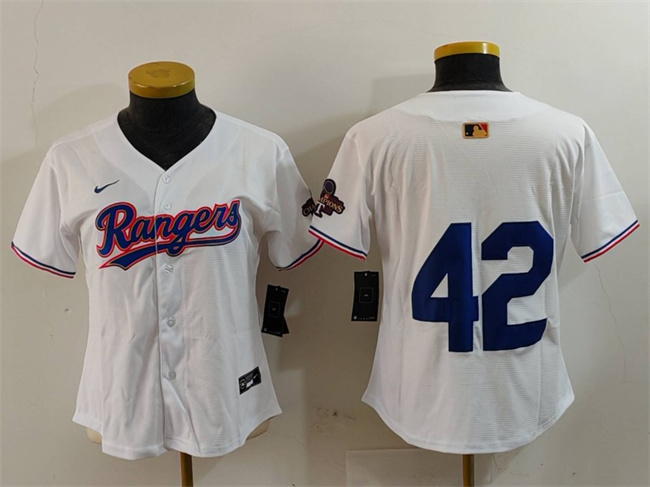 Women's Texas Rangers #42 Jackie Robinson White 2024 Gold Collection With Patch Stitched Baseball Jersey(Run Small) Women's Texas Rangers #42 Jackie Robinson White 2024 Gold Collection With Patch Stitched Baseball Jersey(Run Small)