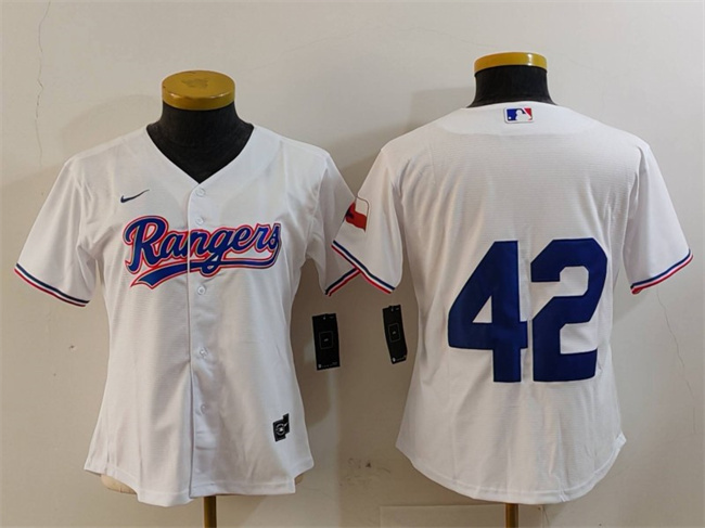 Women's Texas Rangers #42 Jackie Robinson White With Patch Stitched Baseball Jersey(Run Small) Women's Texas Rangers #42 Jackie Robinson White With Patch Stitched Baseball Jersey(Run Small)