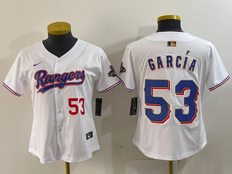 Women's Texas Rangers #53 Adolis Garcia White Gold Stitched Baseball Jersey(Run Small) 1 Women's Texas Rangers #53 Adolis Garcia White Gold Stitched Baseball Jersey(Run Small) 1