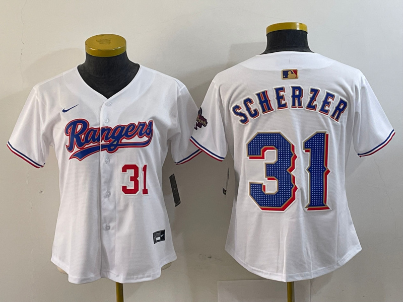 Women's Texas Rangers #31 Max Scherzer White Gold Stitched Baseball Jersey(Run Small) 8 Women's Texas Rangers #31 Max Scherzer White Gold Stitched Baseball Jersey(Run Small) 8