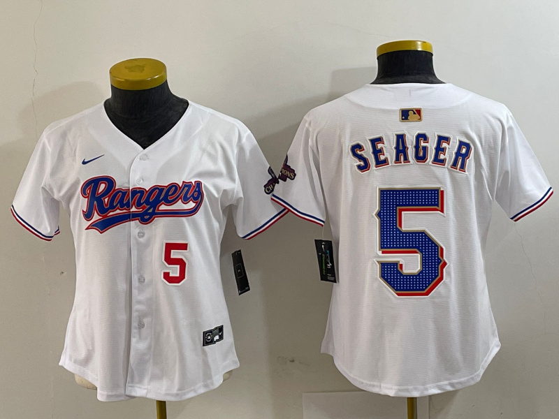 Women's Texas Rangers #5 Corey Seager White Gold Stitched Baseball Jersey(Run Small) 3 Women's Texas Rangers #5 Corey Seager White Gold Stitched Baseball Jersey(Run Small) 3