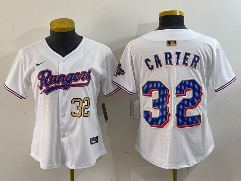Women's Texas Rangers #32 Evan Carter White Gold Stitched Baseball Jersey(Run Small) 3 Women's Texas Rangers #32 Evan Carter White Gold Stitched Baseball Jersey(Run Small) 3