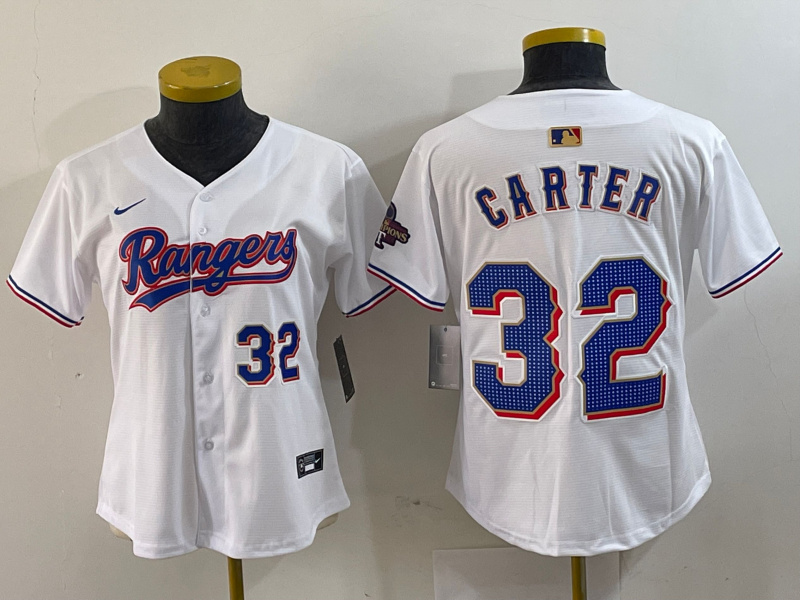 Women's Texas Rangers #32 Evan Carter White Gold Stitched Baseball Jersey(Run Small) 1 Women's Texas Rangers #32 Evan Carter White Gold Stitched Baseball Jersey(Run Small) 1