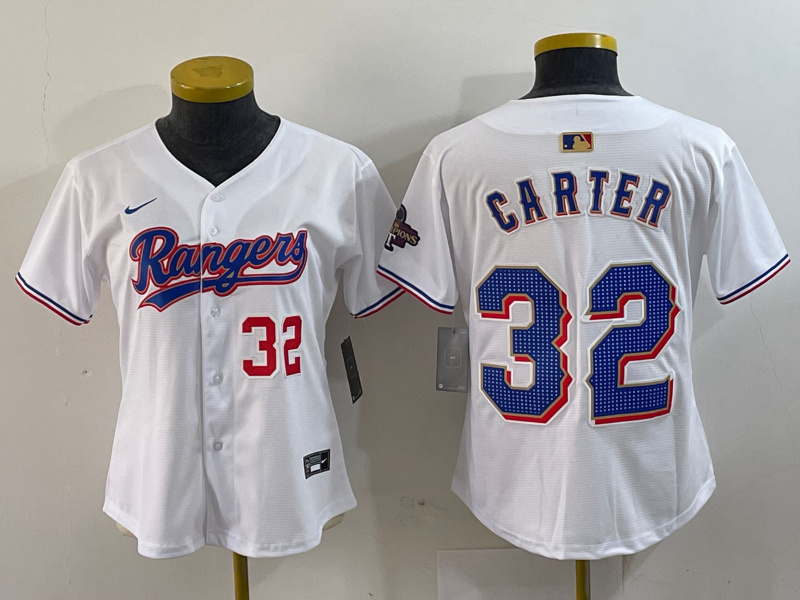 Women's Texas Rangers #32 Evan Carter White Gold Stitched Baseball Jersey(Run Small)