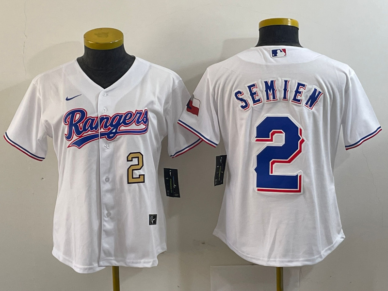 Women Texas Rangers #2 Marcus Semien White Gold Cool Base Stitched Baseball Jersey 1 Women Texas Rangers #2 Marcus Semien White Gold Cool Base Stitched Baseball Jersey 1