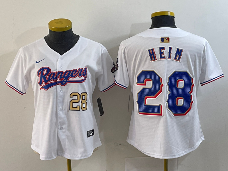 WomenTexas Rangers #28 Jonah Heim White Gold Cool Base Stitched Baseball Jersey WomenTexas Rangers #28 Jonah Heim White Gold Cool Base Stitched Baseball Jersey