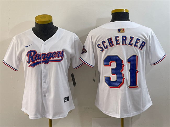 Women's Texas Rangers #31 Max Scherzer White Gold Stitched Baseball Jersey(Run Small) Women's Texas Rangers #31 Max Scherzer White Gold Stitched Baseball Jersey(Run Small)