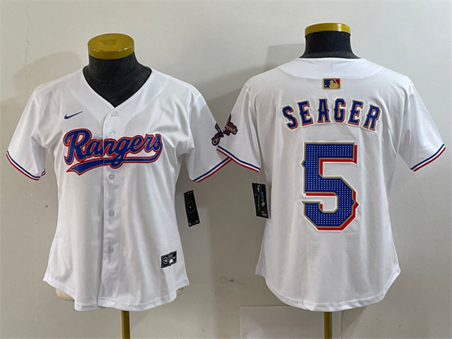 Women's Texas Rangers #5 Corey Seager White Gold Stitched Baseball Jersey(Run Small) Women's Texas Rangers #5 Corey Seager White Gold Stitched Baseball Jersey(Run Small)