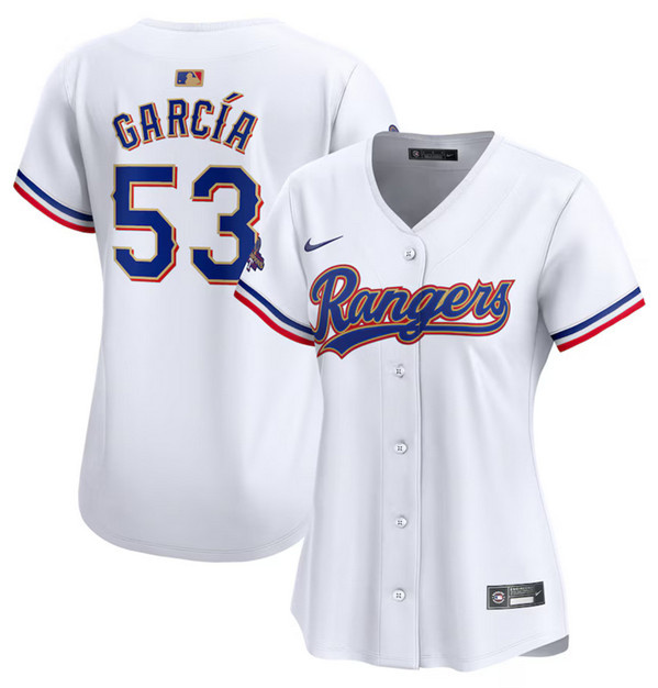 Women's Texas Rangers #53 Adolis Garcia White 2024 Gold Collection Stitched Baseball Jersey(Run Small) Women's Texas Rangers #53 Adolis Garcia White 2024 Gold Collection Stitched Baseball Jersey(Run Small)