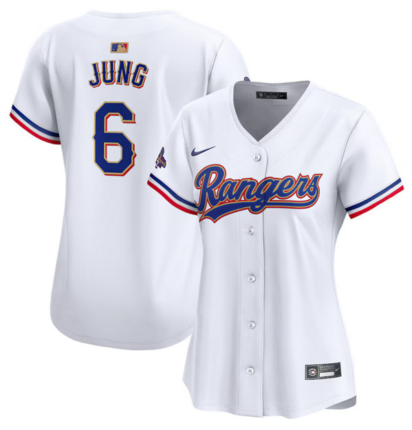 Women's Texas Rangers #6 Josh Jung White 2024 Gold Collection Stitched Baseball Jersey(Run Small) Women's Texas Rangers #6 Josh Jung White 2024 Gold Collection Stitched Baseball Jersey(Run Small)