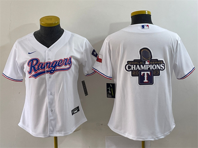 Women's Texas Rangers White 2023 World Series Champions Big Logo With Patch Stitched Baseball Jersey(Run Small)s Women's Texas Rangers White 2023 World Series Champions Big Logo With Patch Stitched Baseball Jersey(Run Small)s