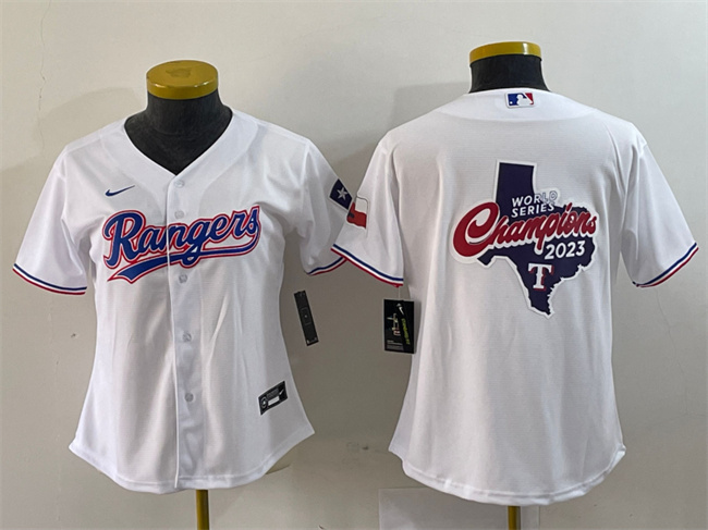 Women's Texas Rangers White 2023 World Series Champions Big Logo With Patch Stitched Baseball Jersey(Run Small) Women's Texas Rangers White 2023 World Series Champions Big Logo With Patch Stitched Baseball Jersey(Run Small)