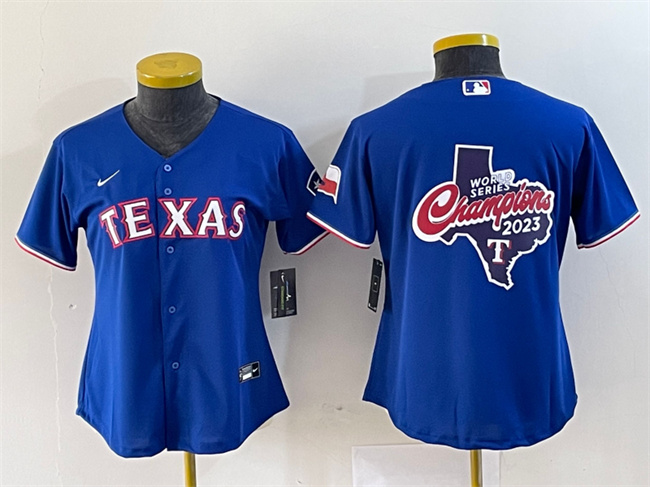 Women's Texas Rangers Royal 2023 World Series Champions Big Logo With Patch Stitched Baseball Jersey(Run Small) Women's Texas Rangers Royal 2023 World Series Champions Big Logo With Patch Stitched Baseball Jersey(Run Small)