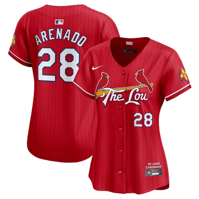 Women's St. Louis Cardinals #28 Nolan Arenado Red 2024 City Connect Limited Stitched Baseball Jersey(Run Small) Women's St. Louis Cardinals #28 Nolan Arenado Red 2024 City Connect Limited Stitched Baseball Jersey(Run Small)