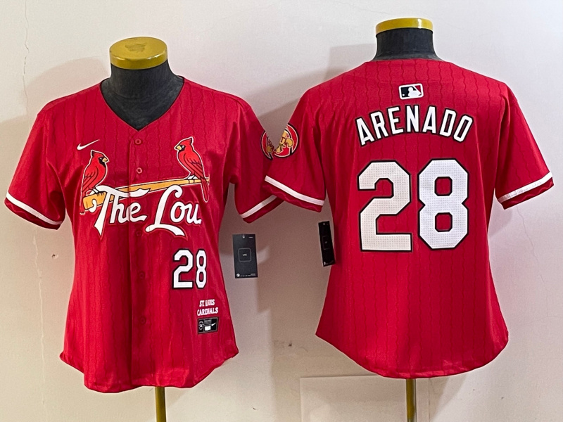 Women's St. Louis Cardinals #28 Nolan Arenado Red 2024 City Connect Stitched Baseball Jersey Women's St. Louis Cardinals #28 Nolan Arenado Red 2024 City Connect Stitched Baseball Jersey